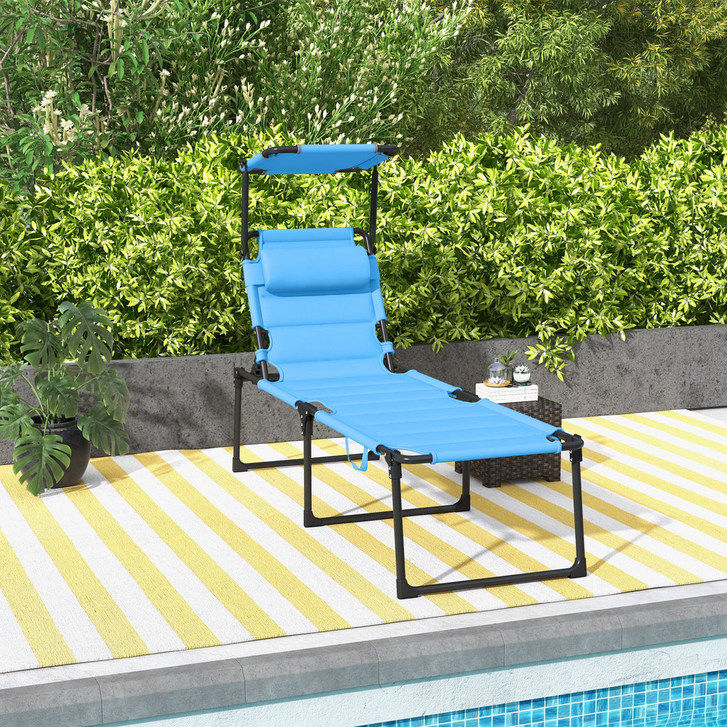 4-Position Adjustable Folding Cushioned Lounge Chair with Sun Shade Roof & Pillow, Blue