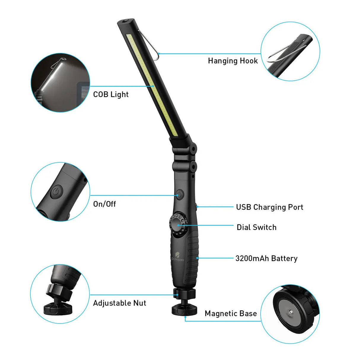 Dr. Prepare 700-lumens 3200mAh Foldable Rechargeable LED Work Light