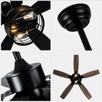 52 Inch Industrial Metal Caged Ceiling Fan with Lights and Remote Control, Silent DC Motor Fan for All Seasons