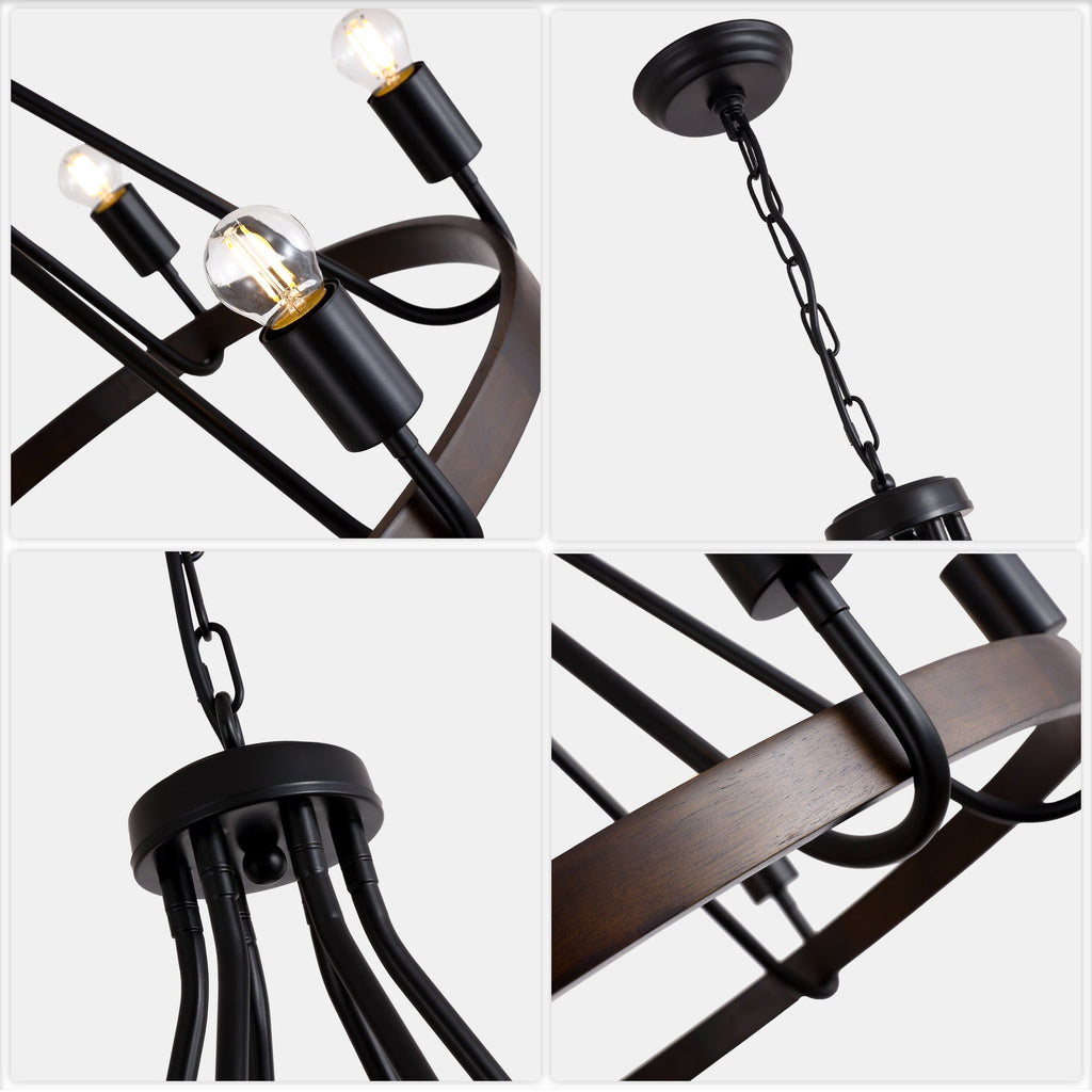 6 - Light Black Farmhouse Small Wagon Wheel Chandelier, 28" Round Chandelier Foyer Chandeliers with Height Adjustable