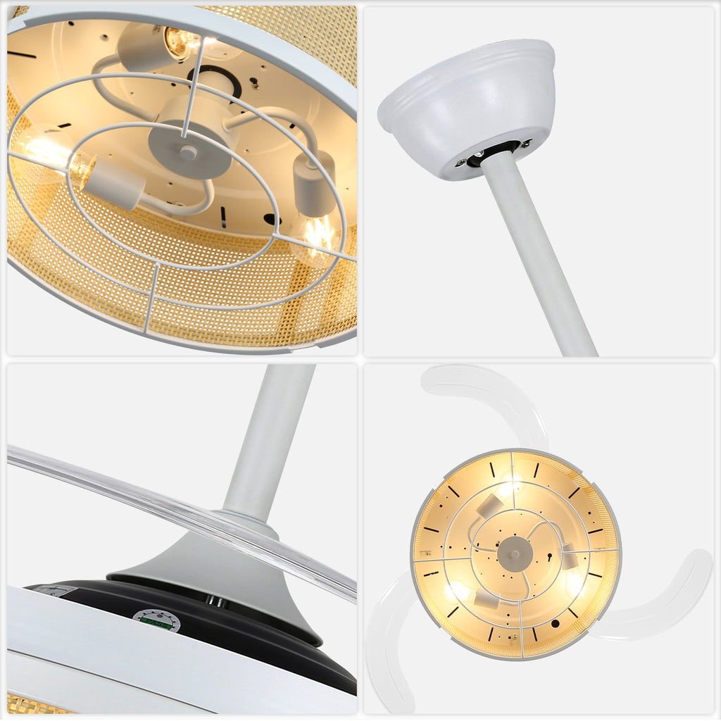 42 Inch White Rattan Retractable Ceiling Fan with Lights and Remote, 6 Speeds DC Motor Bladeless Fandelier Ceiling Fan for Bedroom