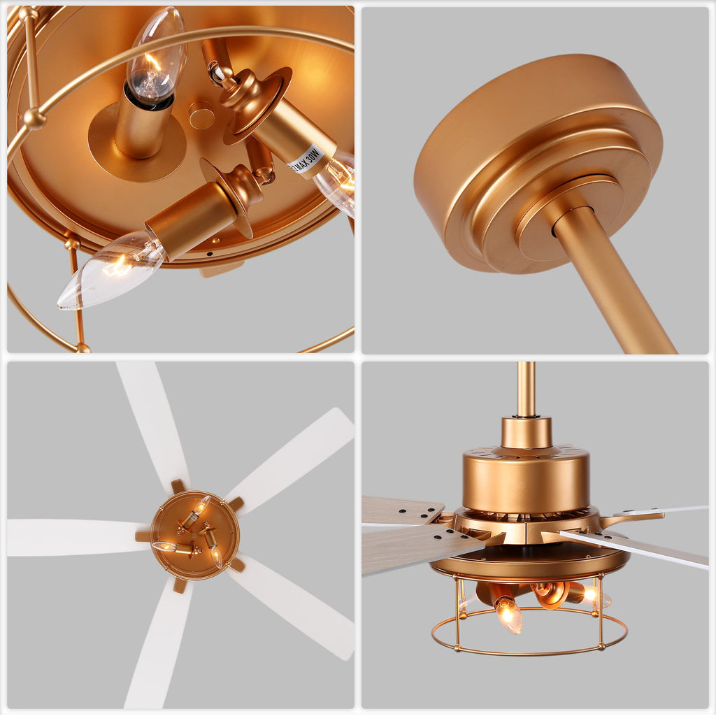 Industrial 52 Inch Gold/Black Caged Ceiling Fan with Light Quiet Reversible DC Motor with 6 Speed Remote Control Ceiling Fan 5 Blades Ceiling Fan Suit for Kitchen Bedroom Living Room