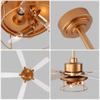 Industrial 52 Inch Gold/Black Caged Ceiling Fan with Light Quiet Reversible DC Motor with 6 Speed Remote Control Ceiling Fan 5 Blades Ceiling Fan Suit for Kitchen Bedroom Living Room