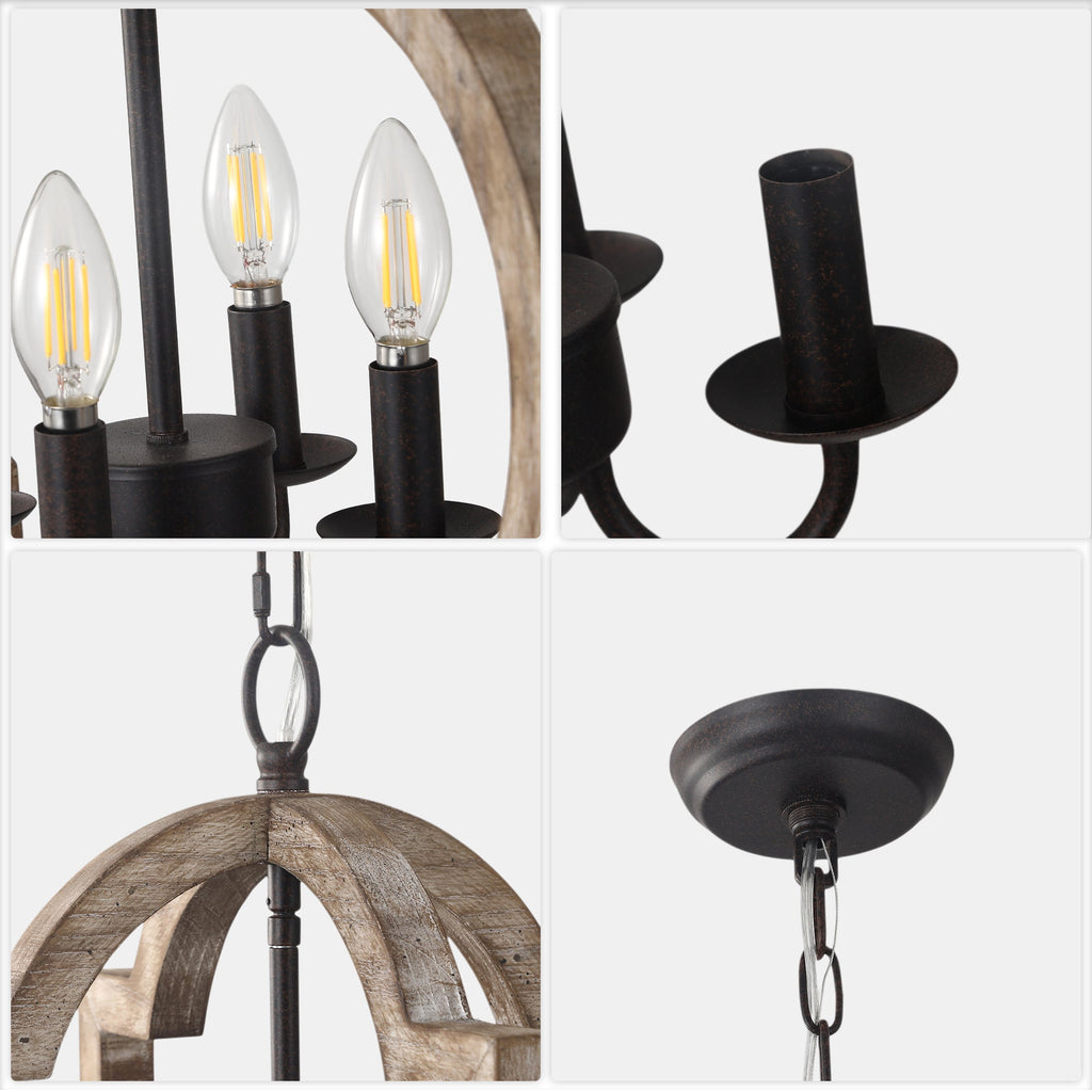 Vintage Farmhouse 22 Inch Chandelier Adjustable Height 4 Light Caged Chandelier Retro Handmade Wooden Pendant Light Suit for Living Rooms, Bedrooms, Kitchens