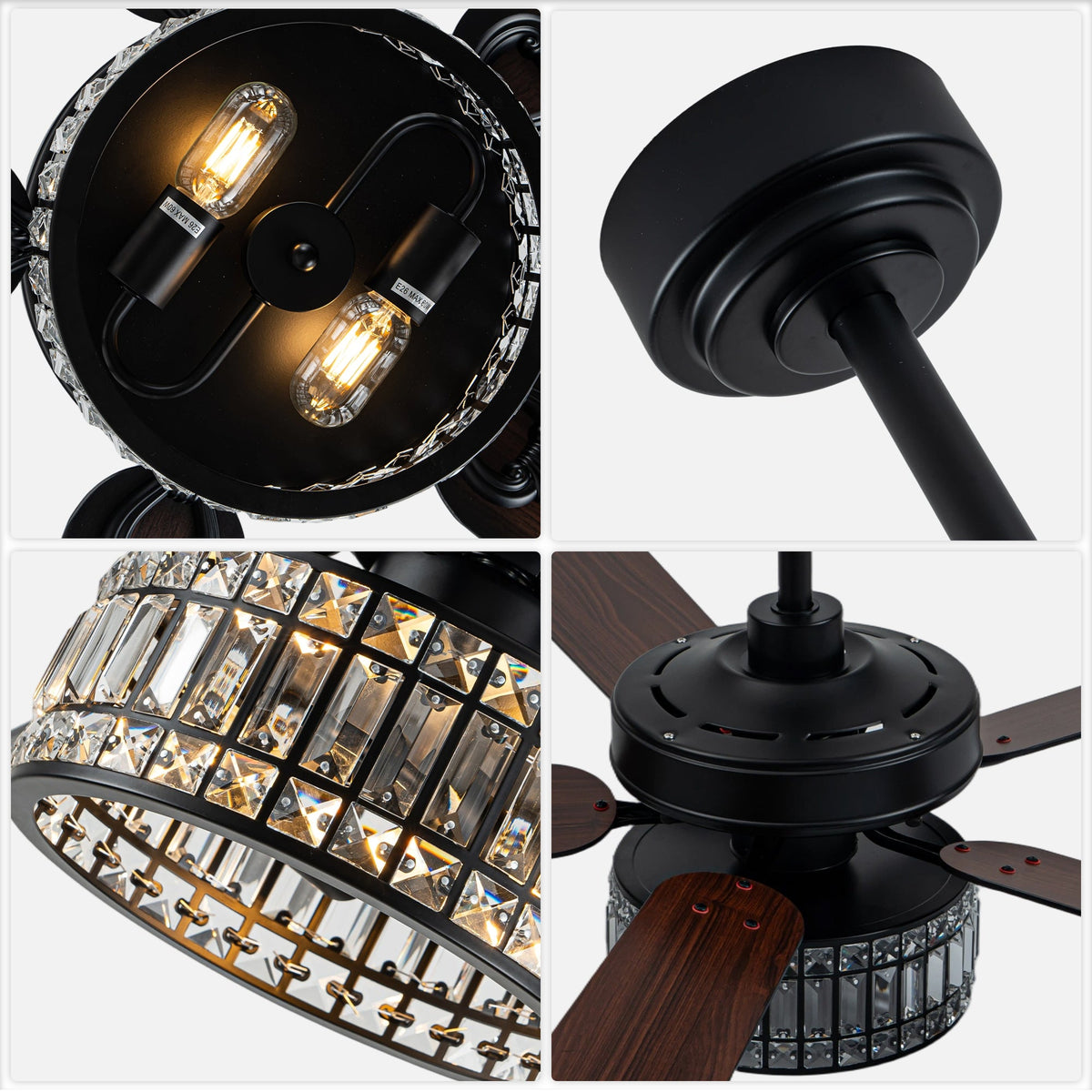 Luxury 52 Inch Crystal Caged Ceiling Fan with Light Reversible Wood Blades Quiet DC Motor Ceiling Fan Remote Control Timing Ceiling Fan Suit for Living Room, Kitchen, Bedroom