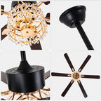 65 Inch Modern Glam Crystal Ceiling Fan with Lights and Remote Control,6 Speeds DC Motor  Black/Chrome Large Ceiling Fan with Crystals