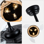 42 Inch Black Boho Retractable Ceiling Fan with Lights and Remote, 6 Speeds DC Motor Bladeless Fandelier Ceiling Fan with Wood Beaded Shade