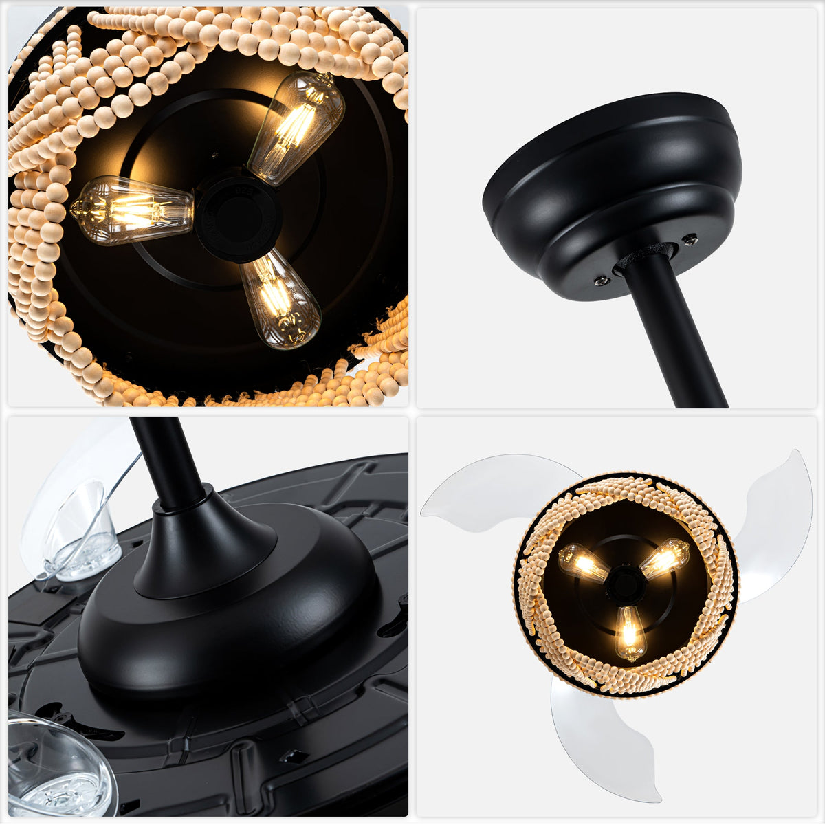 42 Inch Black Boho Retractable Ceiling Fan with Lights and Remote, 6 Speeds DC Motor Bladeless Fandelier Ceiling Fan with Wood Beaded Shade