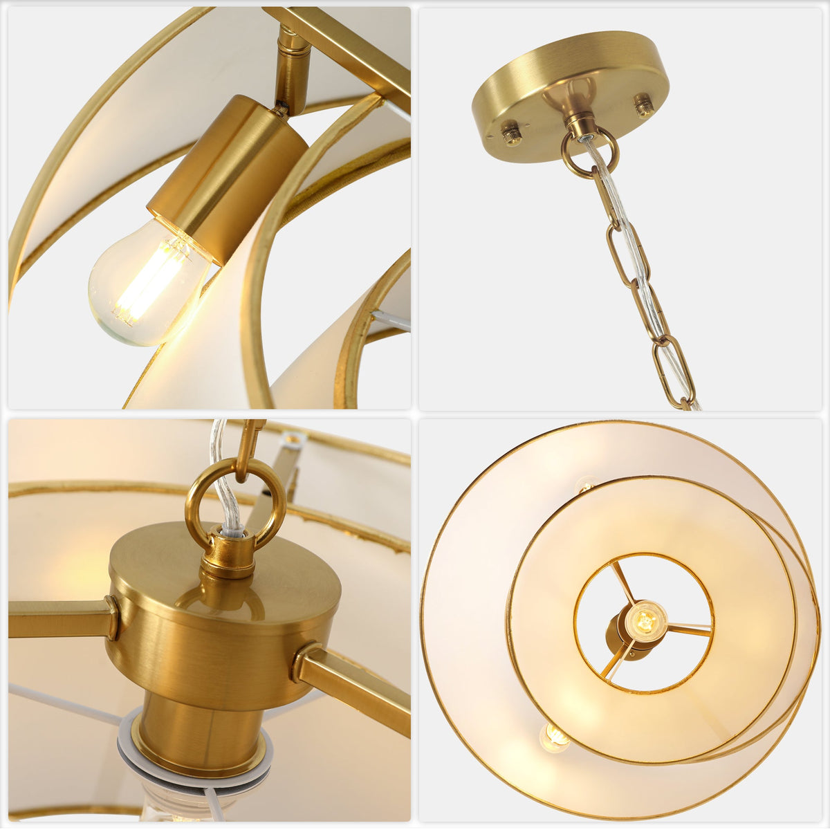 4-Light Mid Century Modern Drum Chandelier, Three-Tier Gold Chandelier with Fabric Shades, Modern Drum Light Fixtures for Dining Room