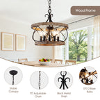5 - Lights 15.7" Distressed Wood/White Mid-Century Caged Chandelier, Adjustable Chain Pendant Light Rustic Drum Chandelier