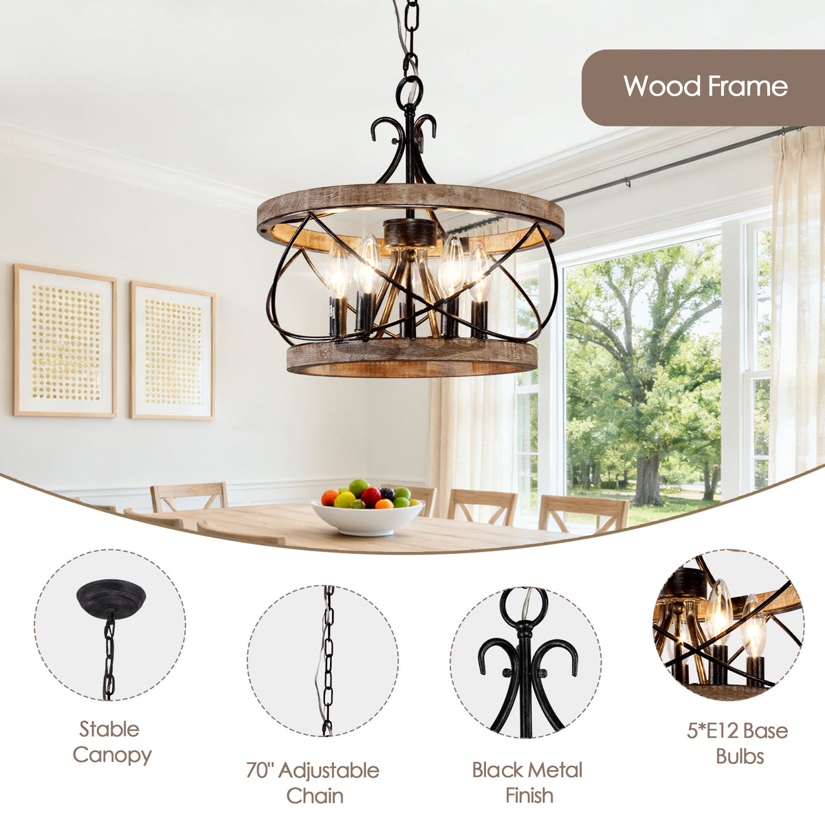 5 - Lights 15.7" Distressed Wood/White Mid-Century Caged Chandelier, Adjustable Chain Pendant Light Rustic Drum Chandelier