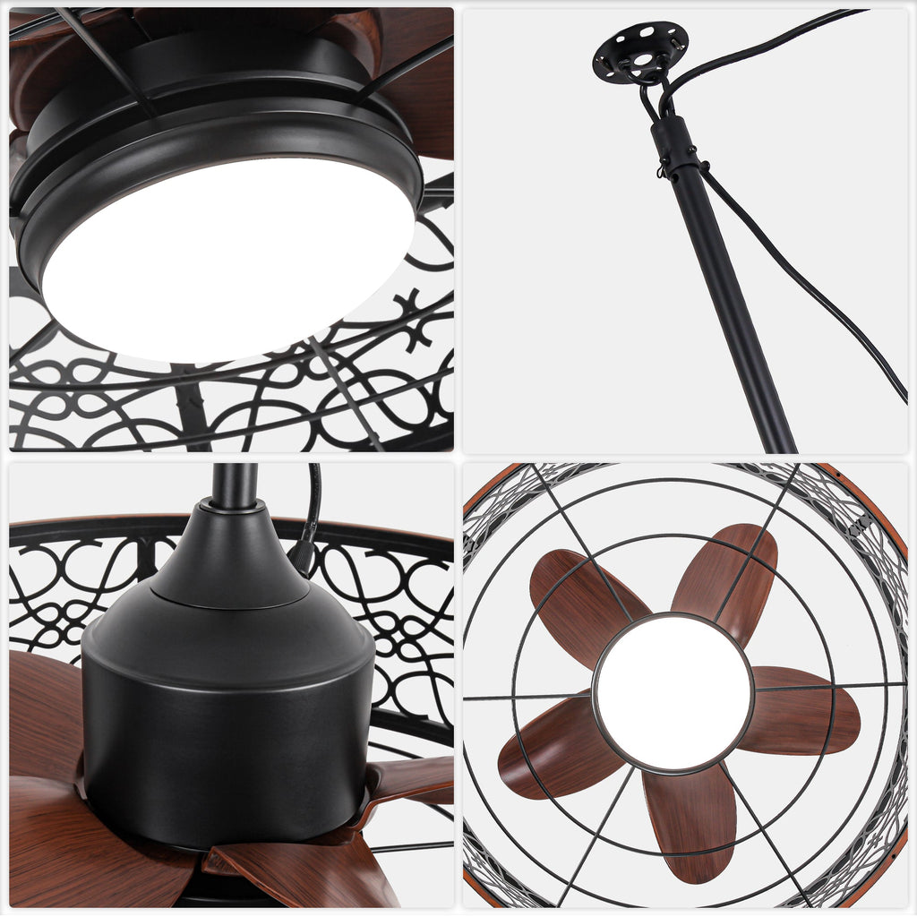 24 Inch Farmhouse Outdoor Waterproof Ceiling Fan with LED Light and Remote, 6 Speeds Black Plug In Caged Outdoor Fan Light