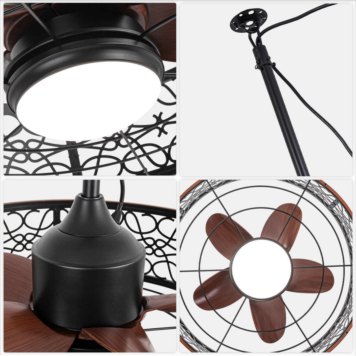 24 Inch Farmhouse Outdoor Waterproof Ceiling Fan with LED Light and Remote, 6 Speeds Black Plug In Caged Outdoor Fan Light