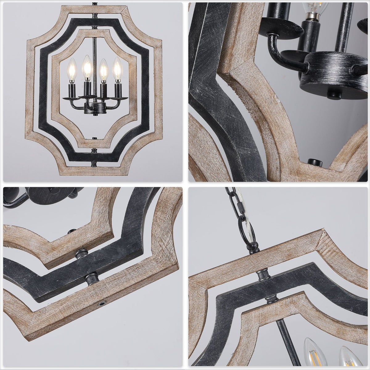 4 - Lights Distressed Wood Chandelier with Adjustable Chain, 16.9" Geometric Chandelier for Entryway with DIY Shade