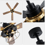 Industrial 52 Inch Gold/Black Caged Ceiling Fan with Light Quiet Reversible DC Motor with 6 Speed Remote Control Ceiling Fan 5 Blades Ceiling Fan Suit for Kitchen Bedroom Living Room