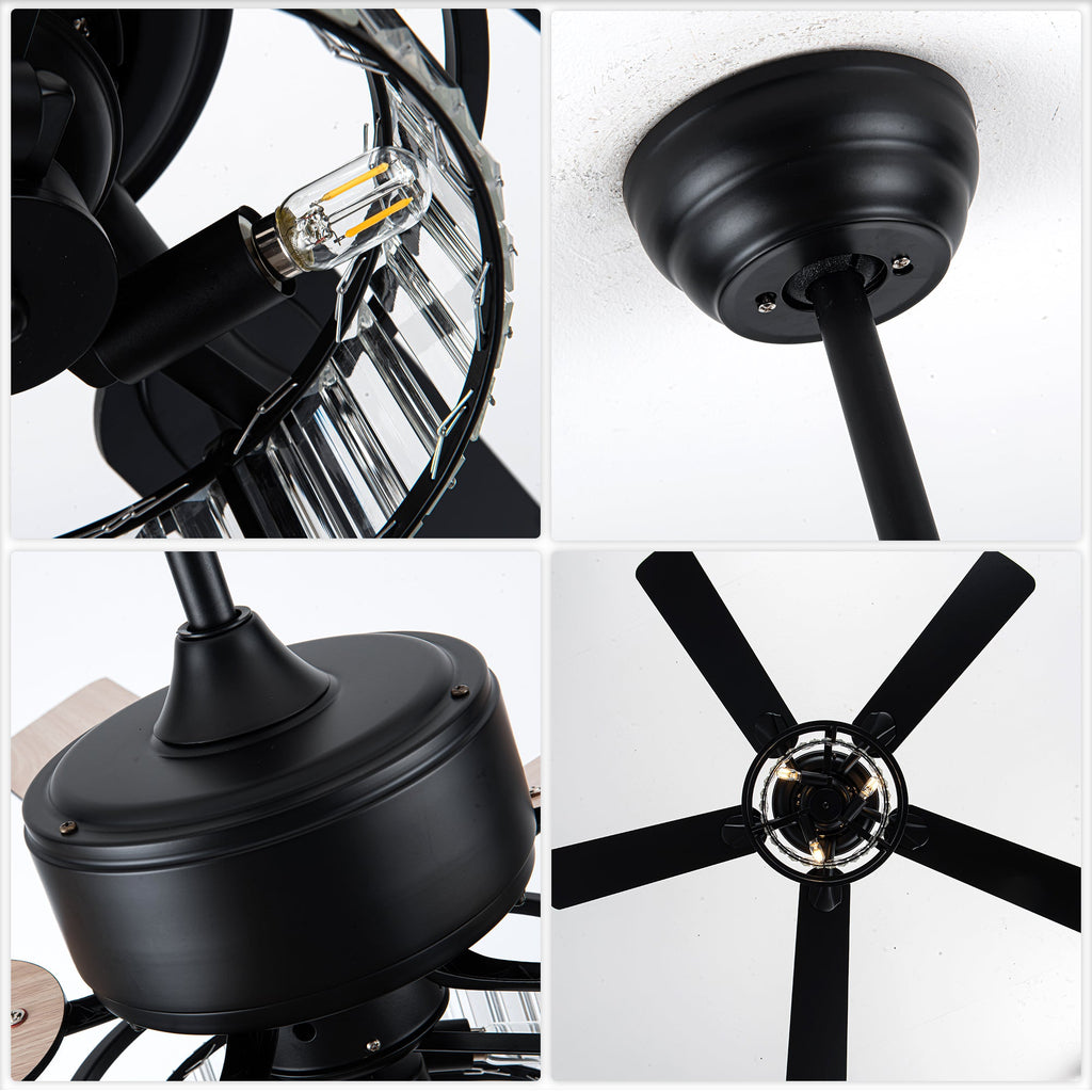 52 Inch Modern Glam Crystal Ceiling Fan with Lights and Remote, 6 Speeds DC Motor Black Reversible Ceiling Fan with Crystal Cage