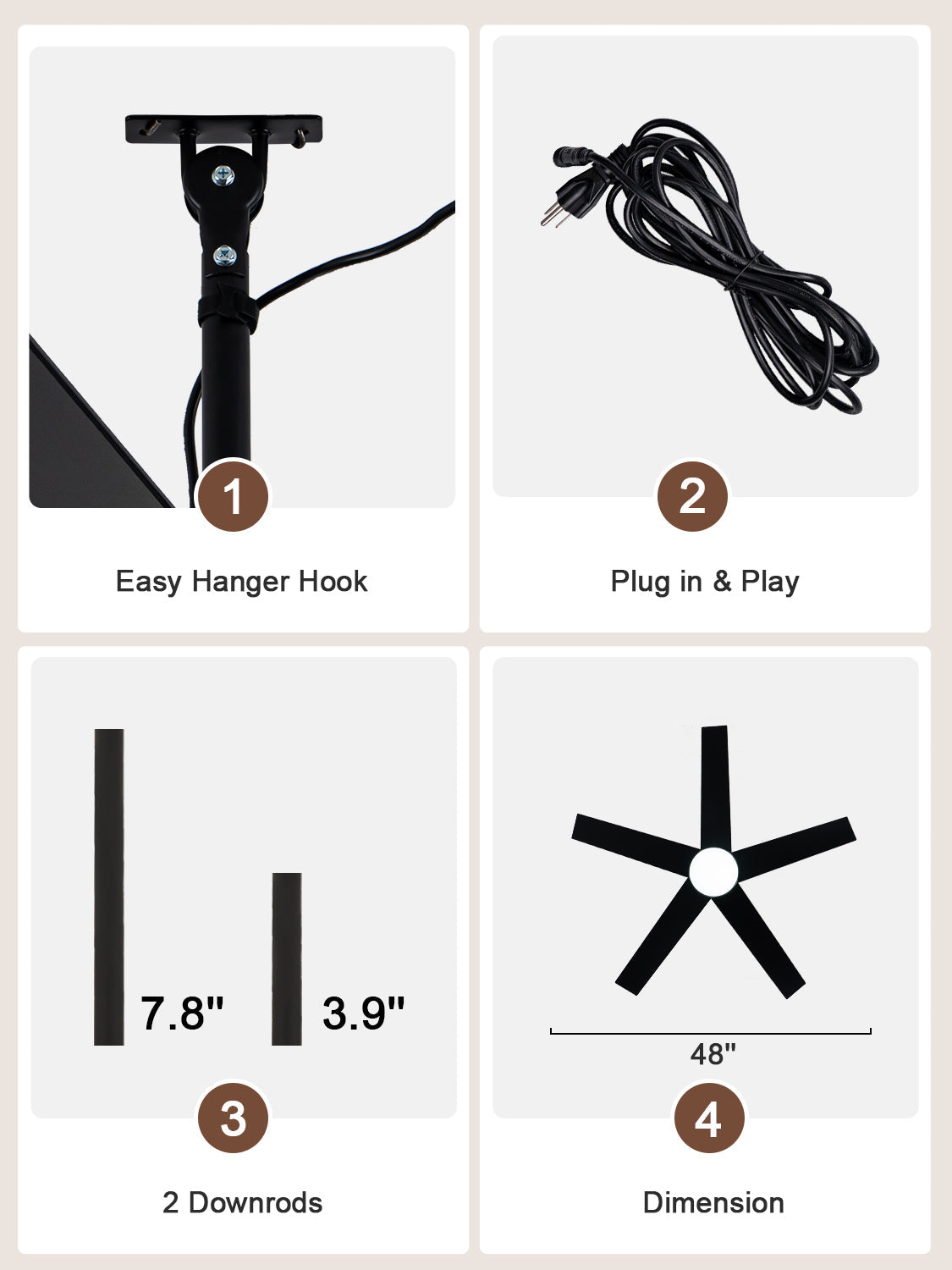 Industrial 48 Inch Outdoor Ceiling Fan with Light, Waterproof Black Blades, Dimmable LED and Remote Control Ceiling Fan Quiet DC Motor Ceiling Fan Suit for Patio, Gazebos