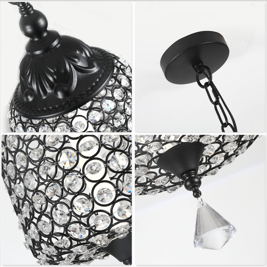 1 - Light Black/Chrome Cylinder Crystal LED Pendant Light, 7.3" Dining Room Light Fixtures Kitchen Island Light