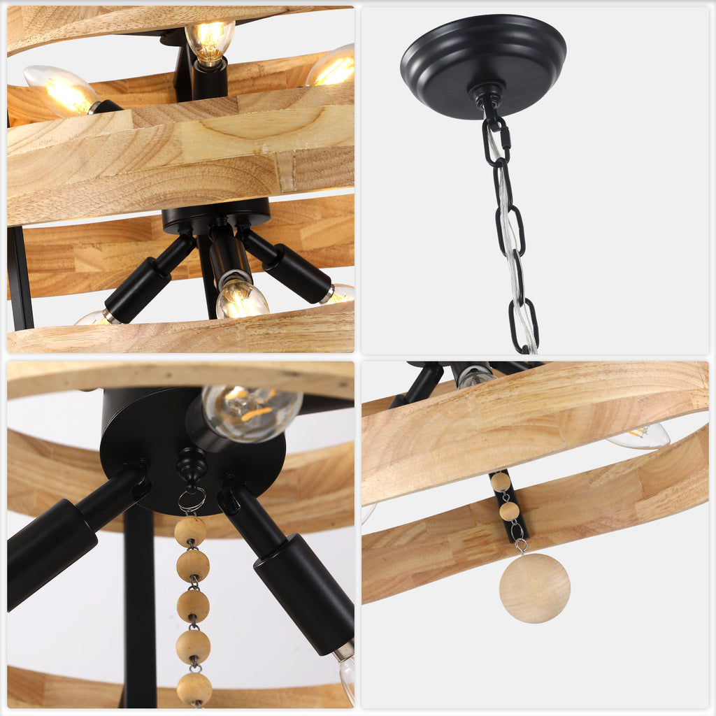 6-Light Farmhouse Weathered Wood Chandelier, 20" 3-Tiered Wooden Chandelier, Rustic Pendant Light for Dining Room