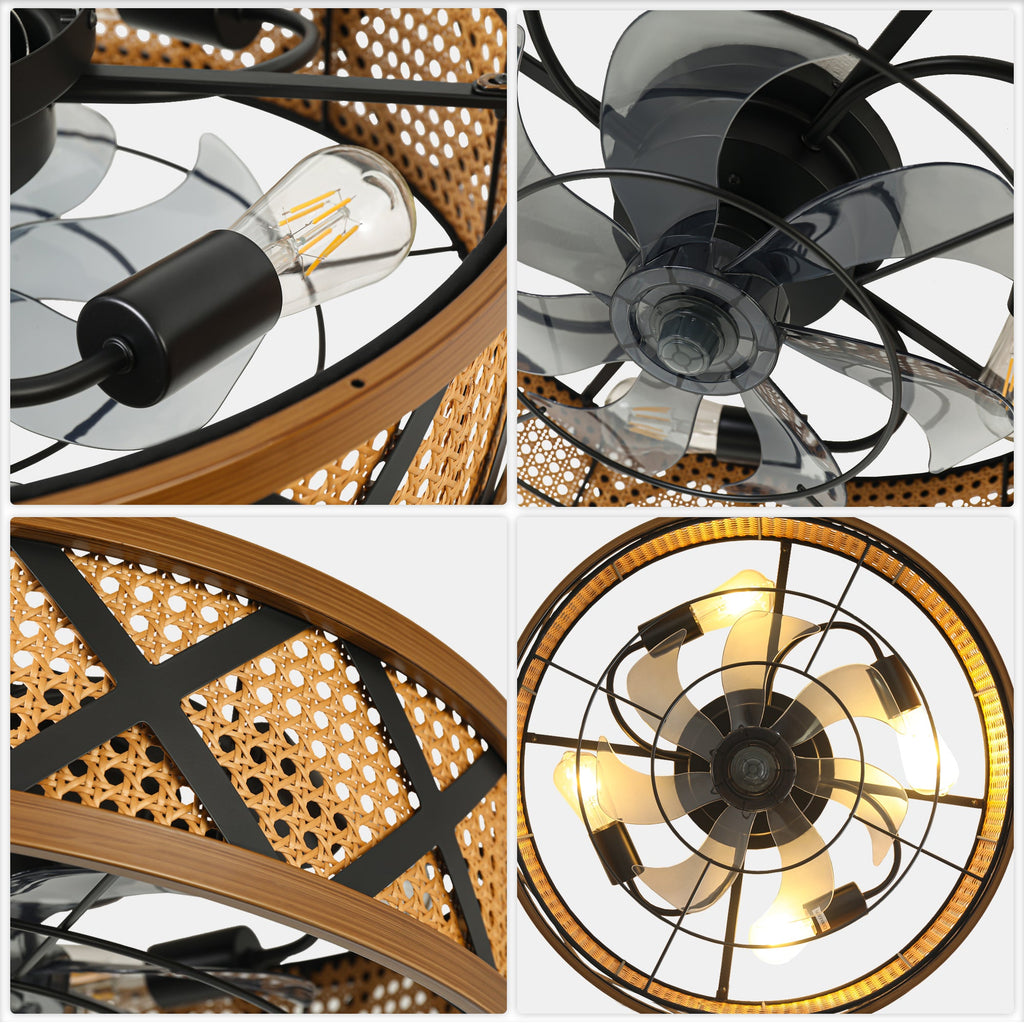 23 Inch Boho Rattan Flush Mount Ceiling Fan with Lights and Remote, 6 Speeds DC Motor Farmhouse Low Profile Bladeless Ceiling Fan