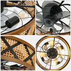 23 Inch Boho Rattan Flush Mount Ceiling Fan with Lights and Remote, 6 Speeds DC Motor Farmhouse Low Profile Bladeless Ceiling Fan