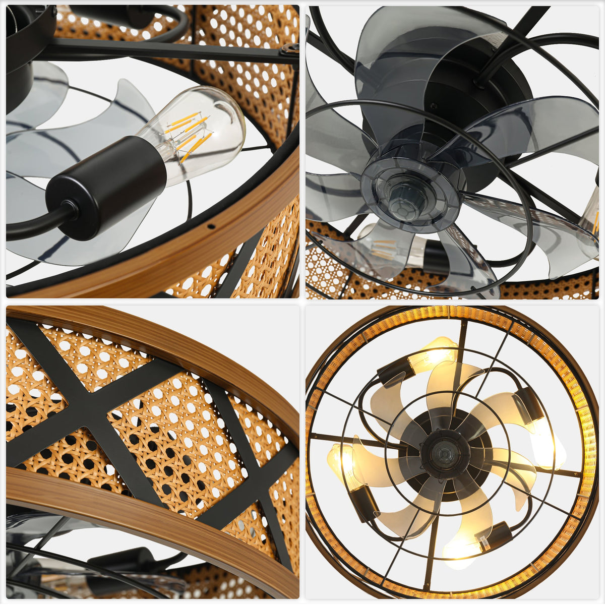 23 Inch Boho Rattan Flush Mount Ceiling Fan with Lights and Remote, 6 Speeds DC Motor Farmhouse Low Profile Bladeless Ceiling Fan