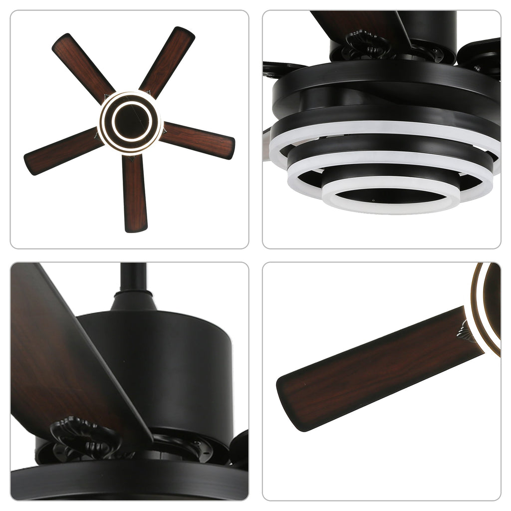 52 Inch Modern Ceiling Fan with LED Light and Remote Control, 6 Speeds DC Motor Reversible Ceiling Fan with DIY Shade