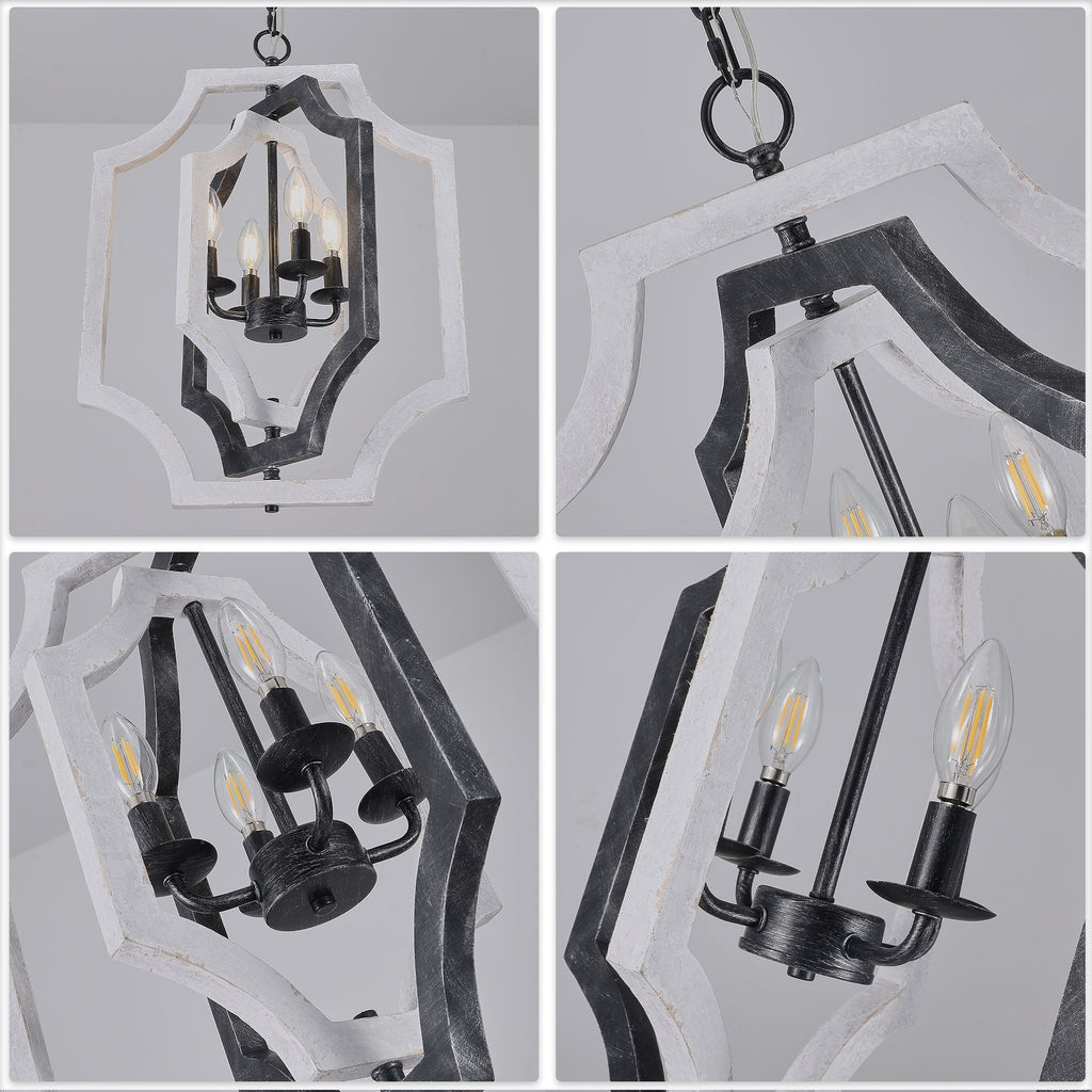 4 - Lights Distressed Wood Chandelier with Adjustable Chain, 16.9" Geometric Chandelier for Entryway with DIY Shade