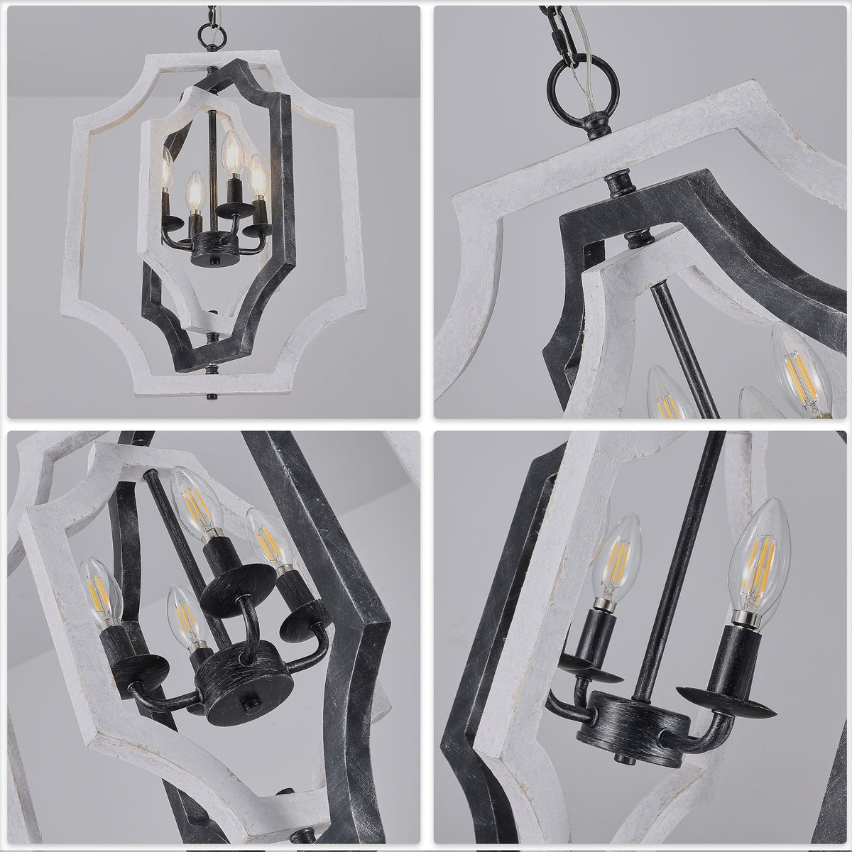 4 - Lights Distressed Wood Chandelier with Adjustable Chain, 16.9" Geometric Chandelier for Entryway with DIY Shade