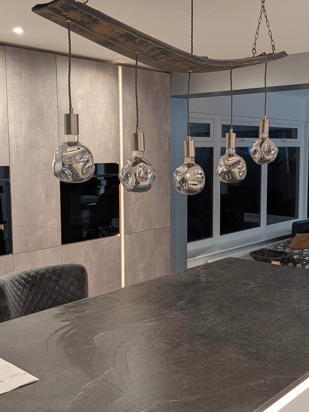 Curved Oak Stave Chandelier | Rustic Dining Table & Kitchen Island Lighting