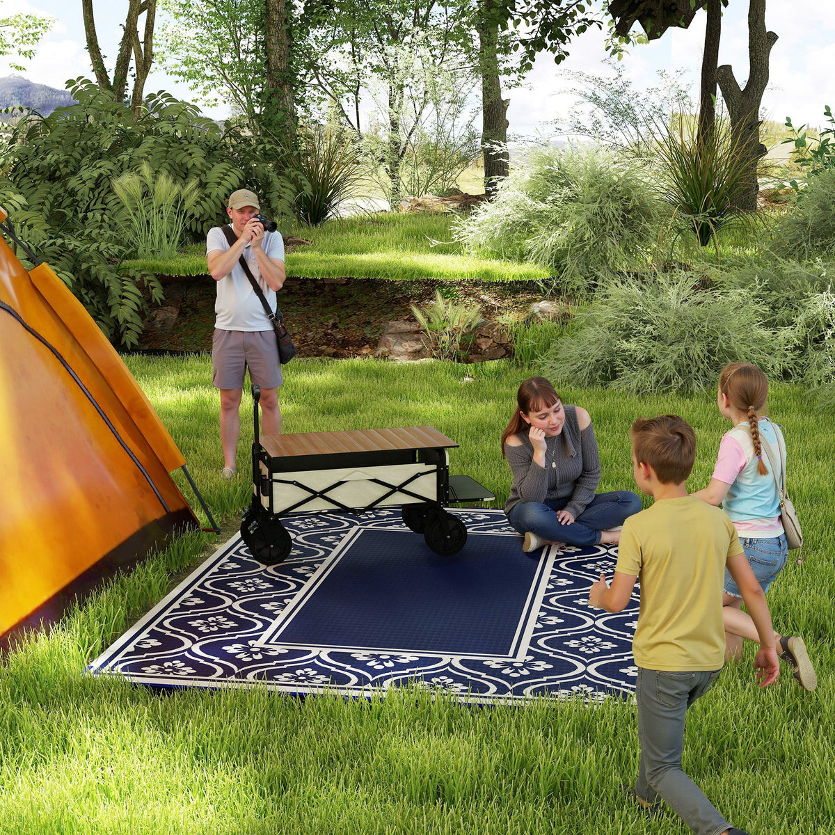 8' x 10' Reversible Outdoor Rug - Waterproof Plastic Straw with Carry Bag, Blue & White Border