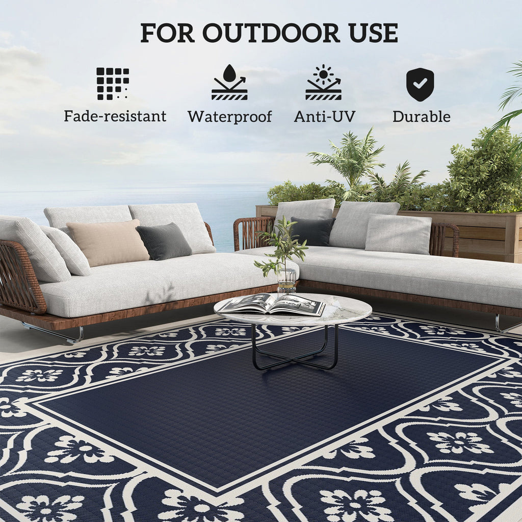 8' x 10' Reversible Outdoor Rug - Waterproof Plastic Straw with Carry Bag, Blue & White Border