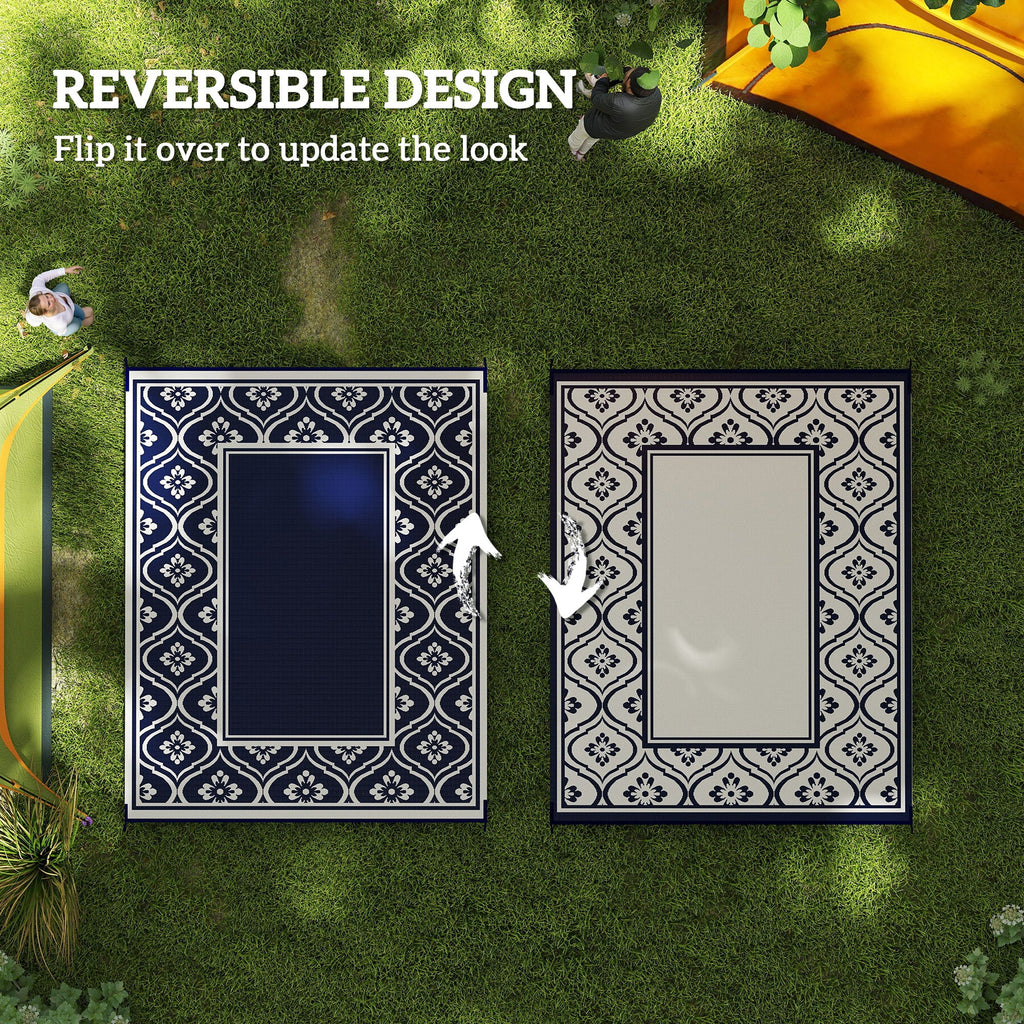 8' x 10' Reversible Outdoor Rug - Waterproof Plastic Straw with Carry Bag, Blue & White Border