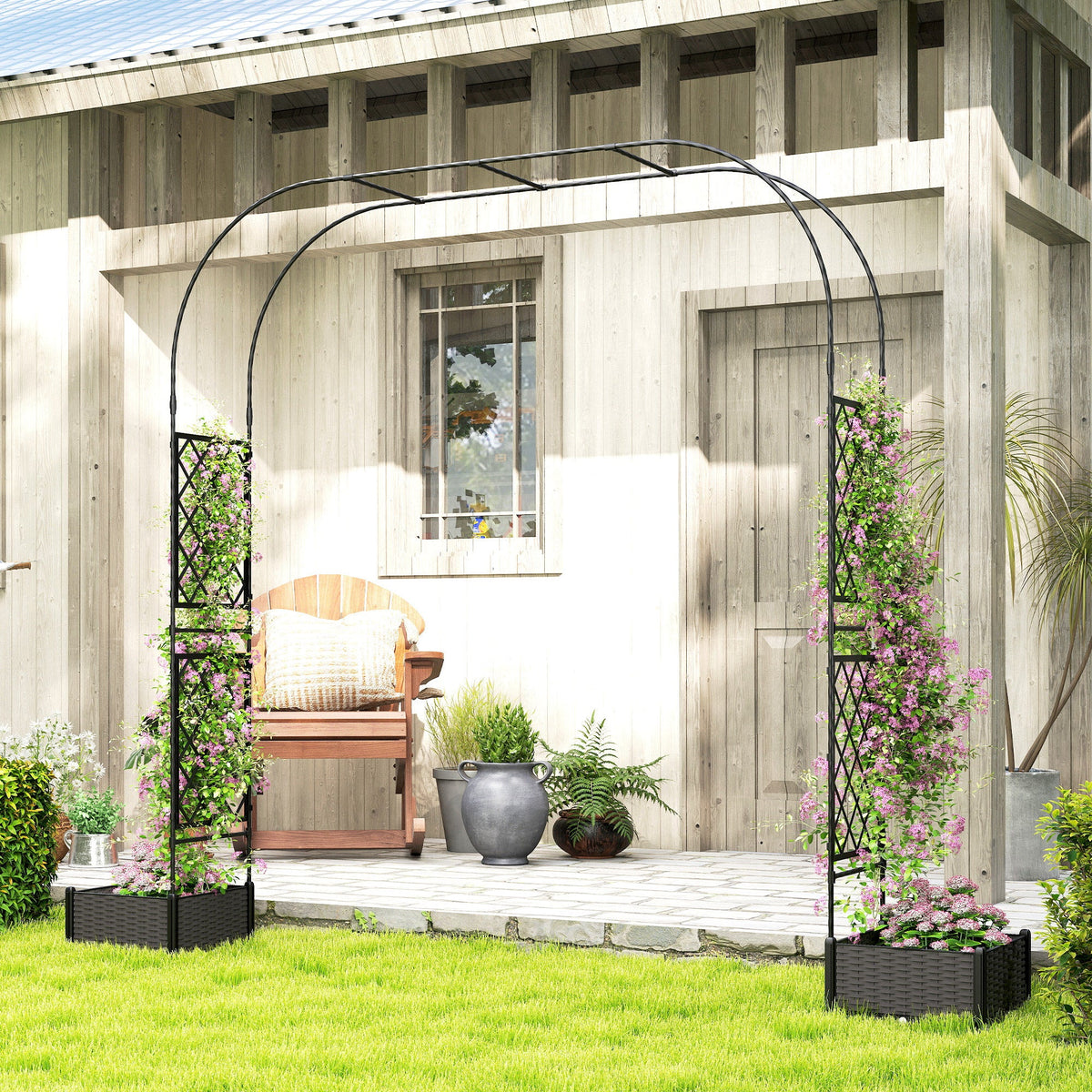7.2ft Garden Arch with 2 Planter Boxes for Climbing Plants, Black