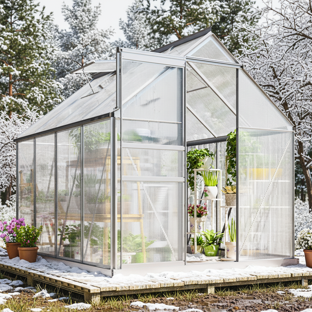 BloomGreen 6' x 8' x 6.5' Polycarbonate Greenhouse for All Seasons Growing with Roof Vent & Sliding Door, Clear