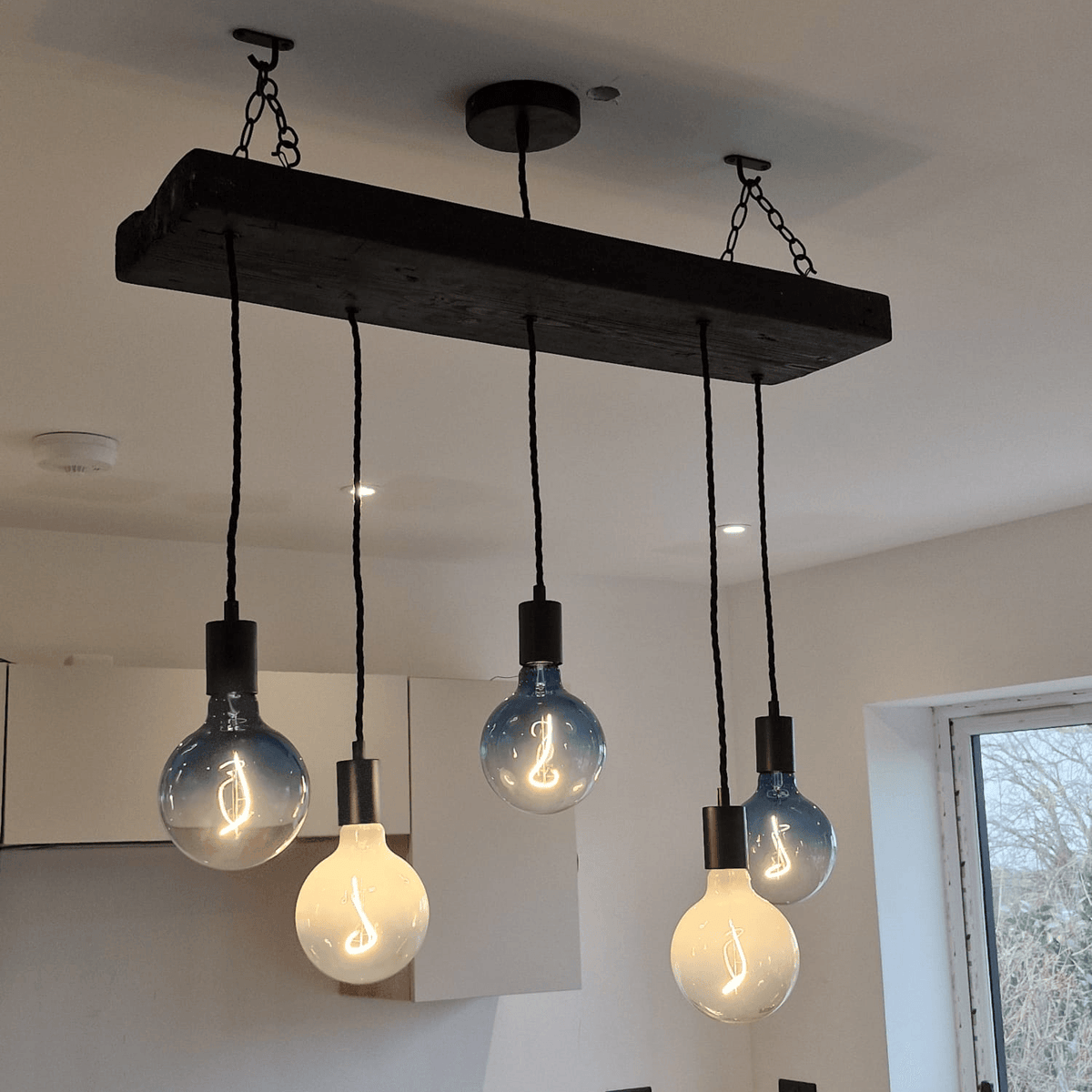 Wooden Chandelier with Black Canopy | Rustic Kitchen Island Lighting UK