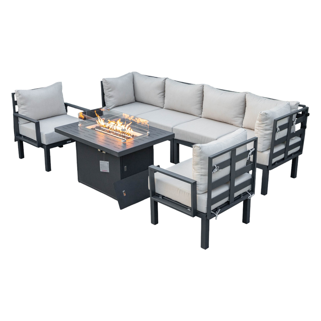 LeisureMod Chelsea 7-Piece Outdoor Sectional Sofa Set with Propane Fire Pit Table