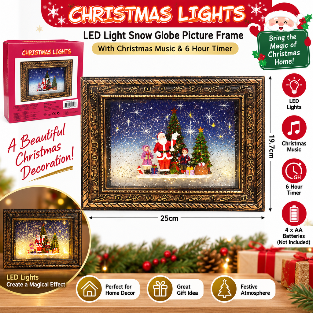 Christmas LED Snow Globe Picture Frame Light Music 6H Timer Xmas Decoration