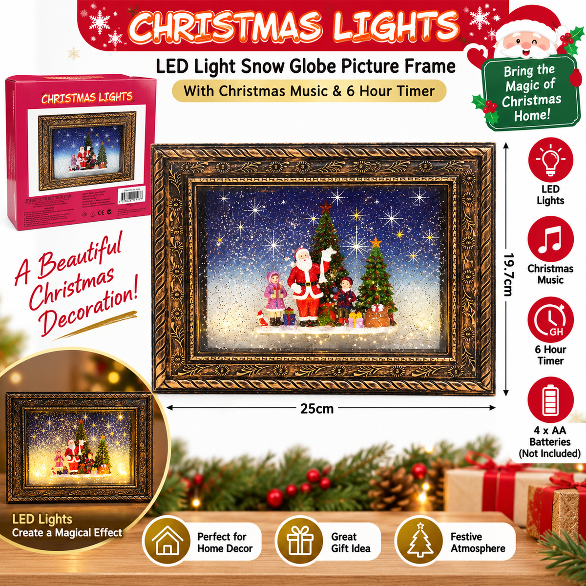 Christmas LED Snow Globe Picture Frame Light Music 6H Timer Xmas Decoration