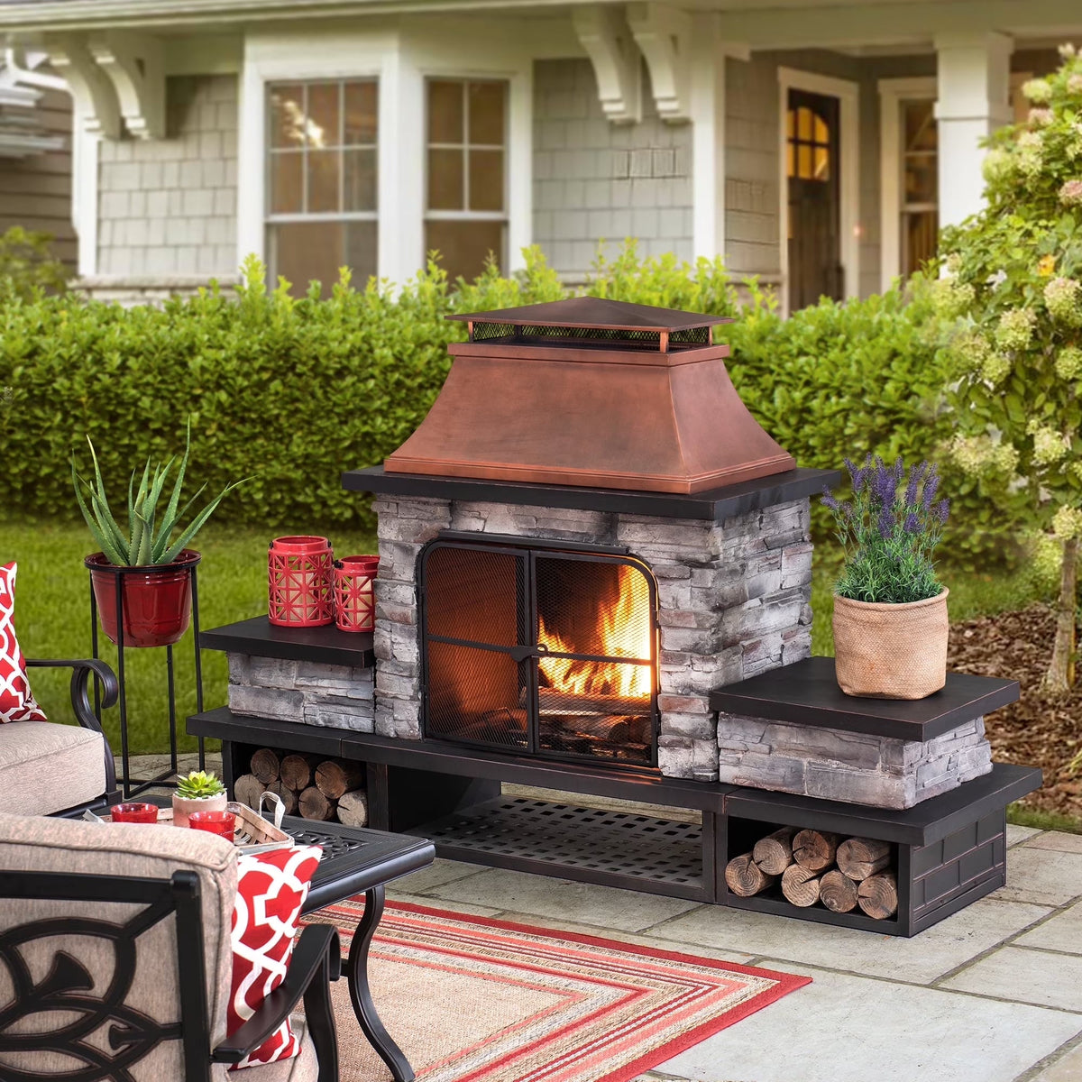 48-Inch Outdoor Wood-Burning Steel Fireplace with Stone Finish, Fire Poker, and Removable Grate