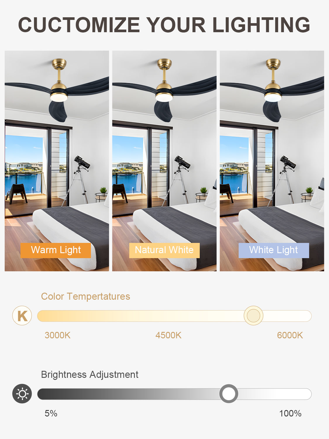 52 Inch Modern Smart Propeller Ceiling Fan with Dimmable LED Light and Remote & APP Control, 6-Speed Reversible Ceiling Fan