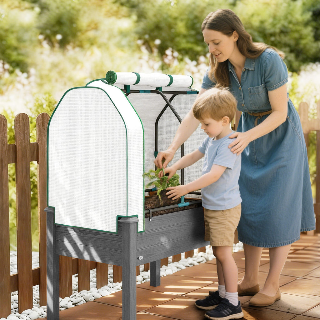 Raised Garden Bed with PE Greenhouse Cover for Herbs and Vegetables, 35 x 22 x 47 inch, Dark Gray