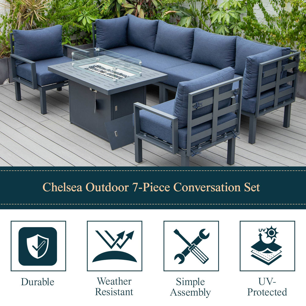 LeisureMod Chelsea 7-Piece Outdoor Sectional Sofa Set with Propane Fire Pit Table