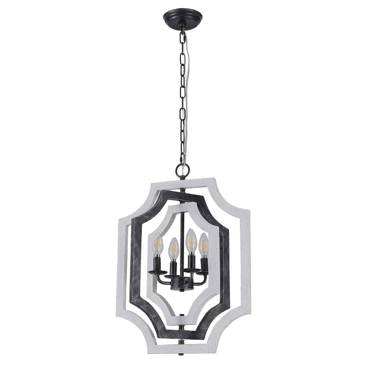 4 - Lights Distressed Wood Chandelier with Adjustable Chain, 16.9" Geometric Chandelier for Entryway with DIY Shade