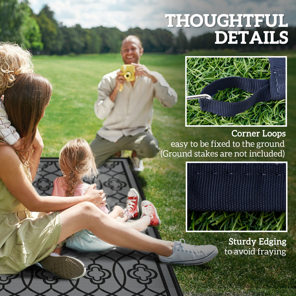 9' x 18' Reversible Waterproof Outdoor Rug Black & Gray