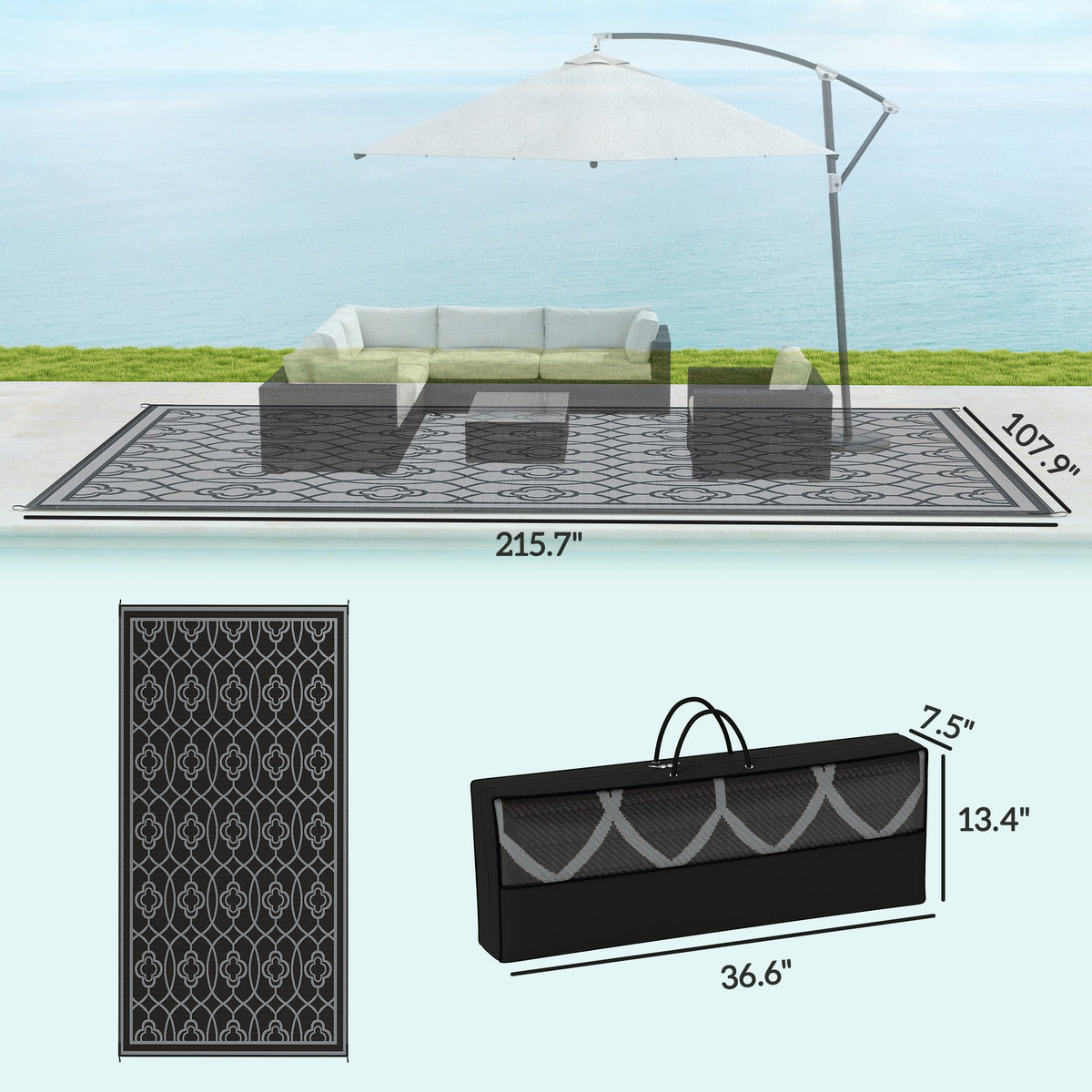 9' x 18' Reversible Waterproof Outdoor Rug Black & Gray