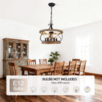 5 - Lights 15.7" Distressed Wood/White Mid-Century Caged Chandelier, Adjustable Chain Pendant Light Rustic Drum Chandelier