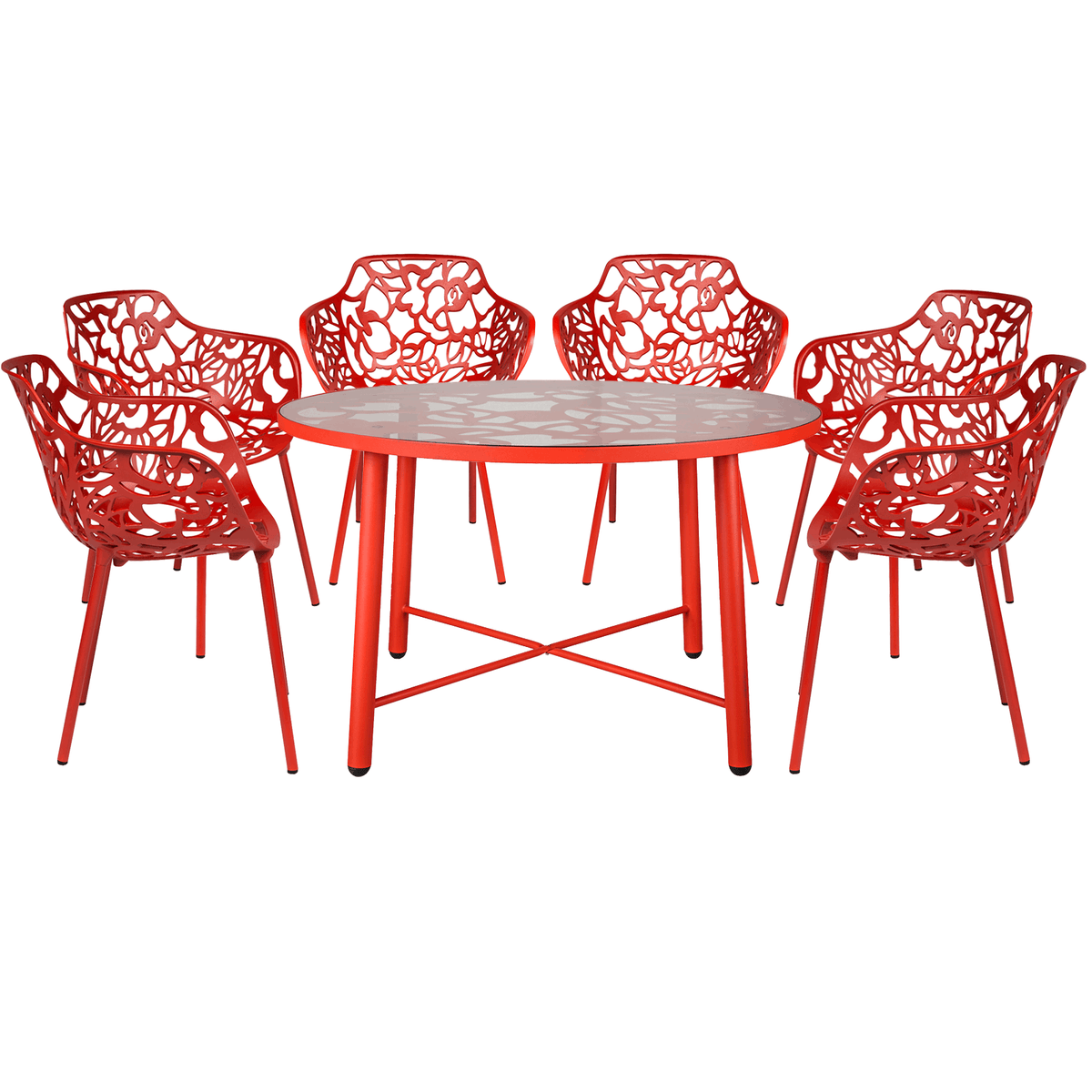 LeisureMod Devon Modern 7-Piece Aluminum Outdoor Dining Set with Tempered Glass Table and Stackable Chairs