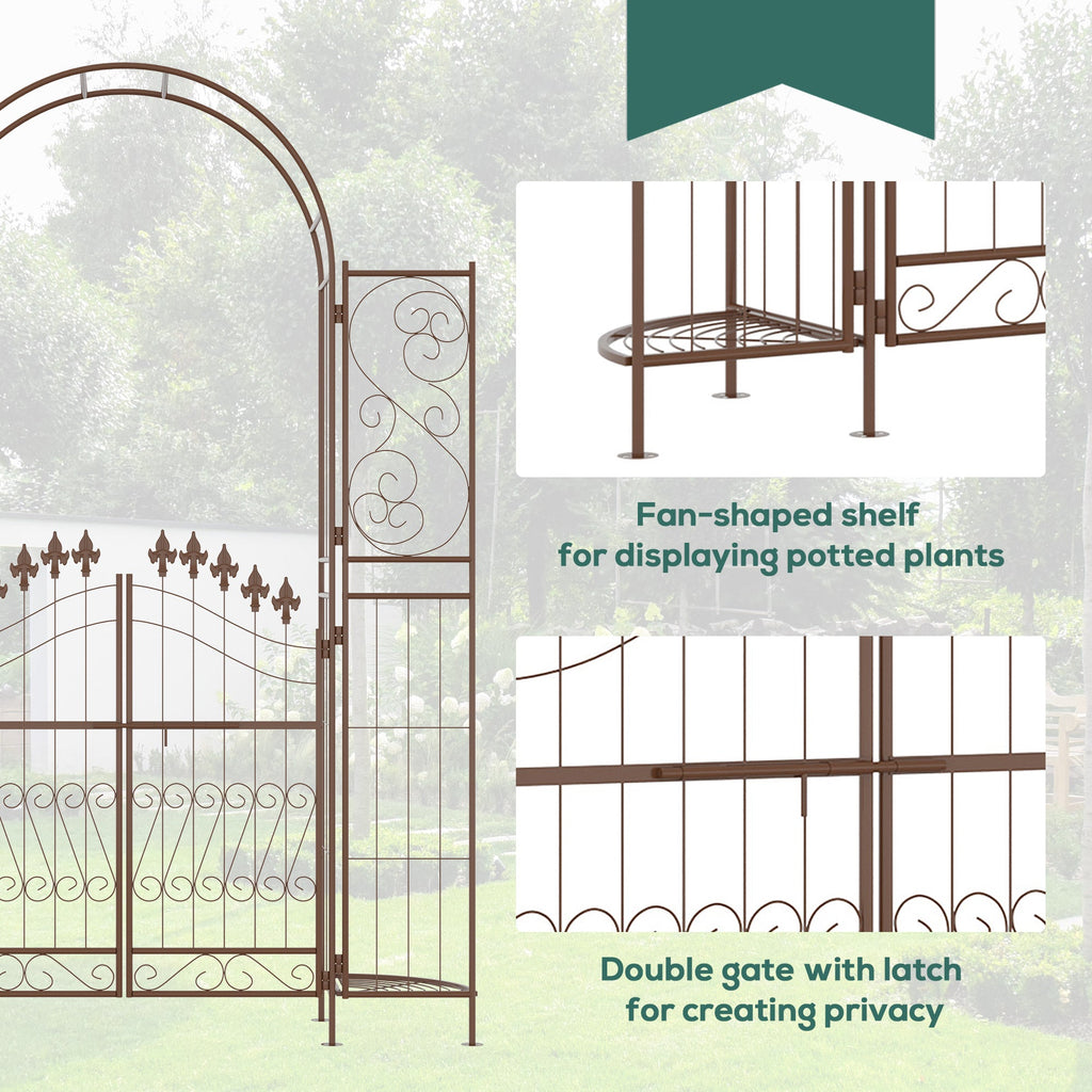 7' Metal Garden Arbor with Gate and Planter Shelves, Brown