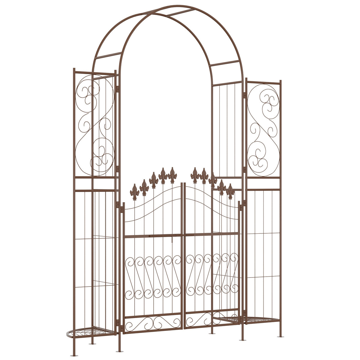 7' Metal Garden Arbor with Gate and Planter Shelves, Brown